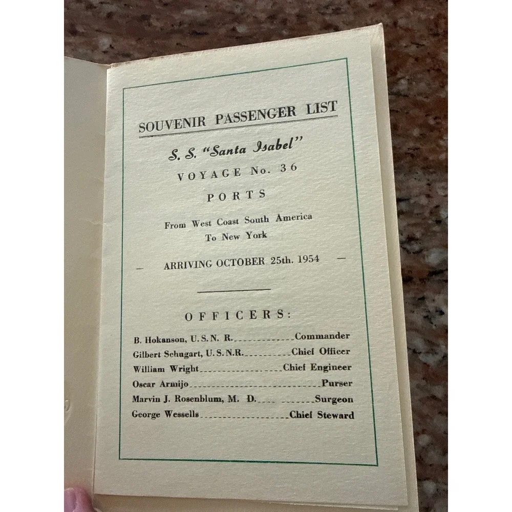 1954 S.S. Santa Isabel Graceline Passenger List West Coast S America to NY